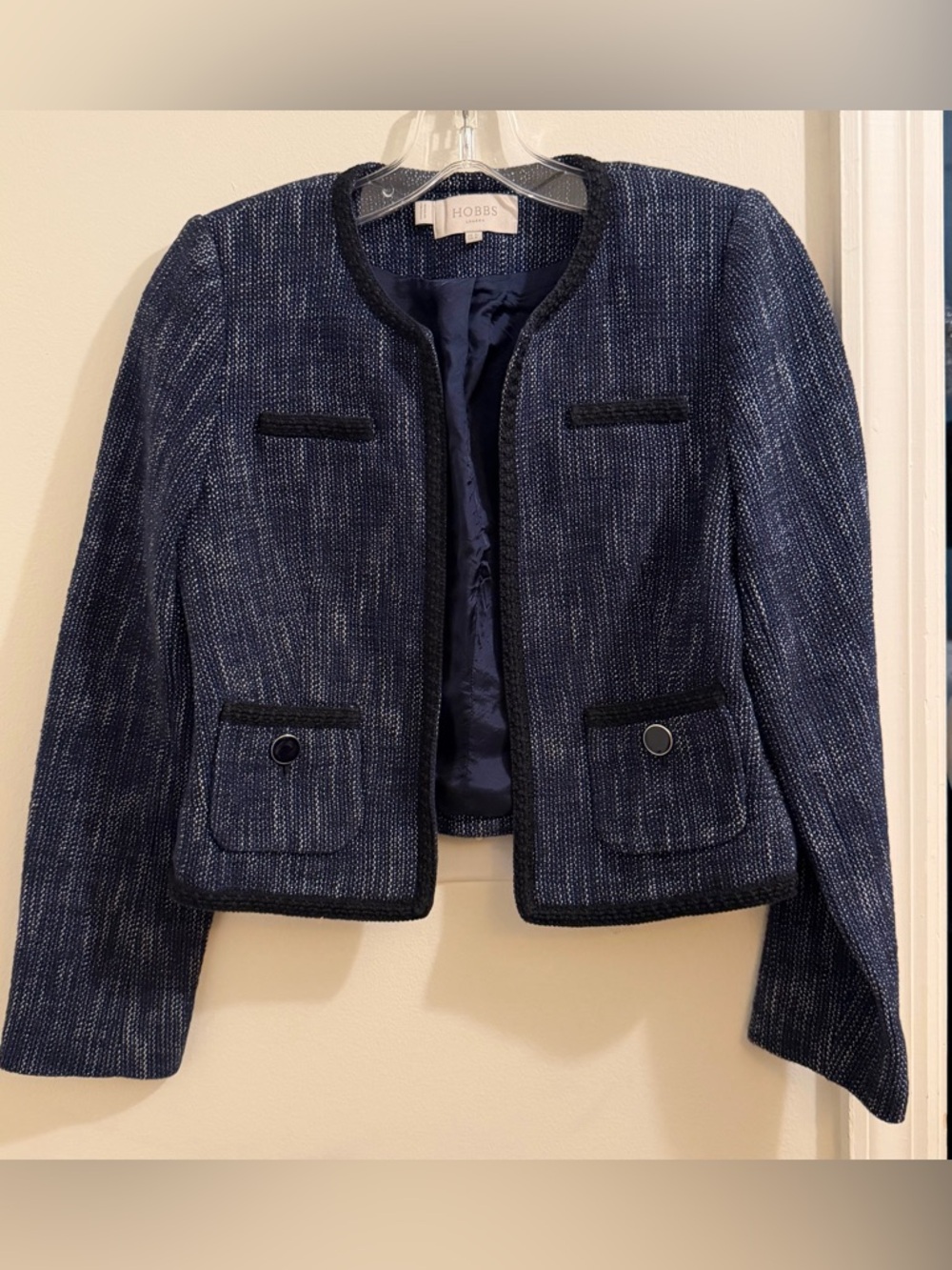 Hobbs Navy Tweed Collarless Blazer